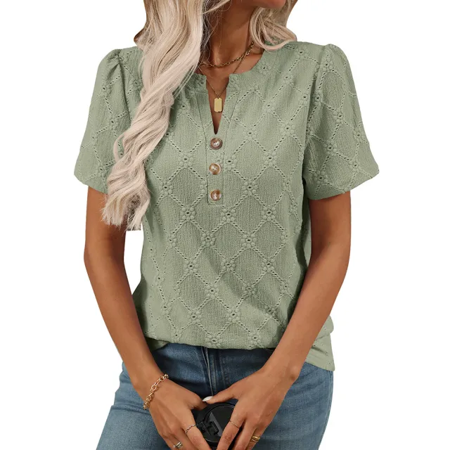 Round Neck Flower Jacquard Top Button T shirt Bean Green - Shop at LoveMi