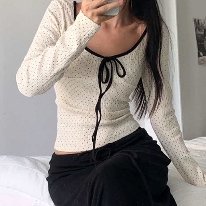 Polka Dot Long Sleeve T shirt Female Spring Autumn Winter Inner Wear Base Beige - Shop at LoveMi