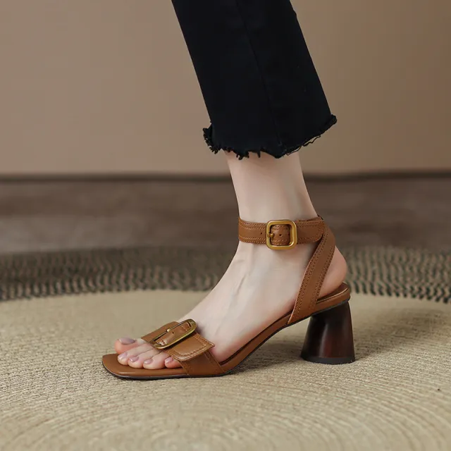 French Retro Ankle strap Open Toe Sandals Women's High Heels Brown - Shop at LoveMi