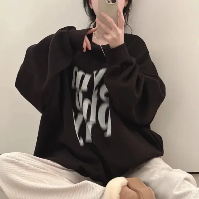 Printed Design Contrast Color Loose Casual Long Sleeves Pullover Sweater Black - Shop at LoveMi
