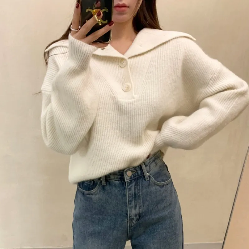 Salt Girl's Large Lapel Button Sweaters Top - White