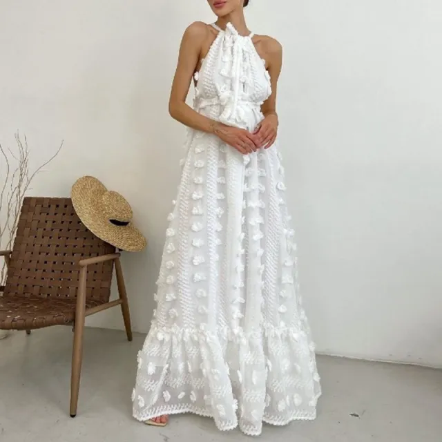 Round Neck Halter Three dimensional Flower Cake Dress White - Shop at LoveMi