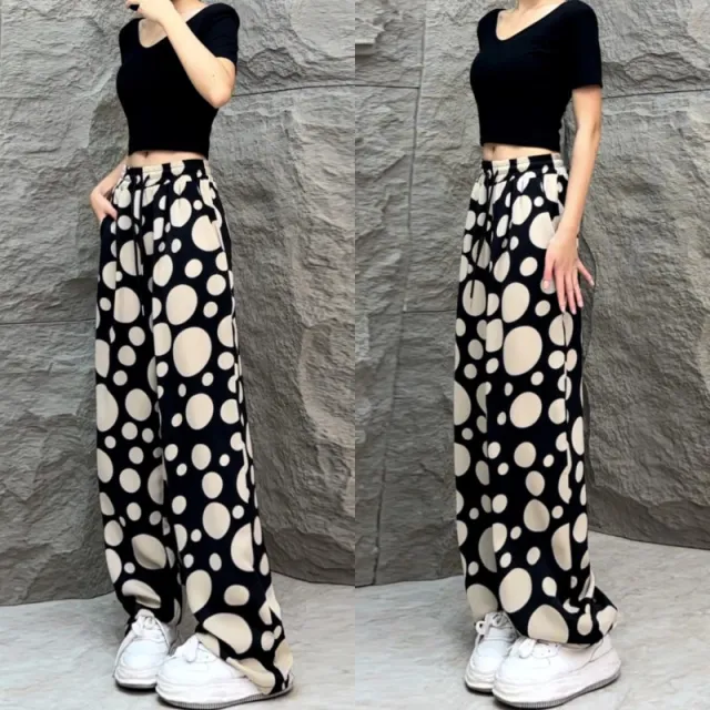 Women's Drawstring Straight Wide Leg Casual Pants Black And White - Shop at LoveMi