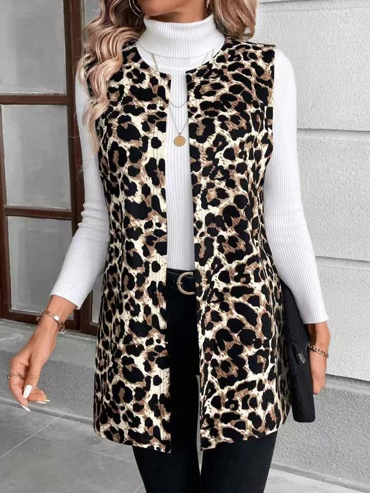 gilet long léopard femme chic veste sans manches léopard Averiell cardigan léopard slim fit commute gilet mi long imprimé animal veste légère léopard look bureau