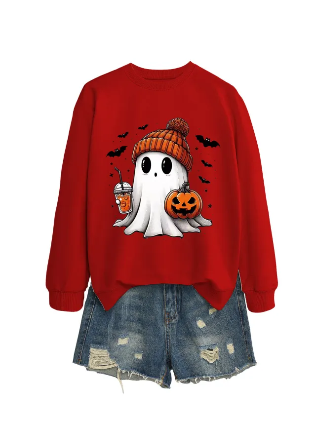 Fashion Long Sleeve Milk Tea Pumpkin Bat Printed Crew Neck Sweatshirt Bright Red - Shop at LoveMi