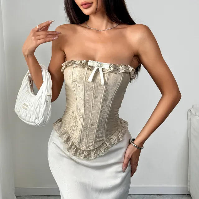 Lace trimmed Subtly Seductive Yet Sweet and spicy Fishbone style Tube Top Apricot - Shop at LoveMi
