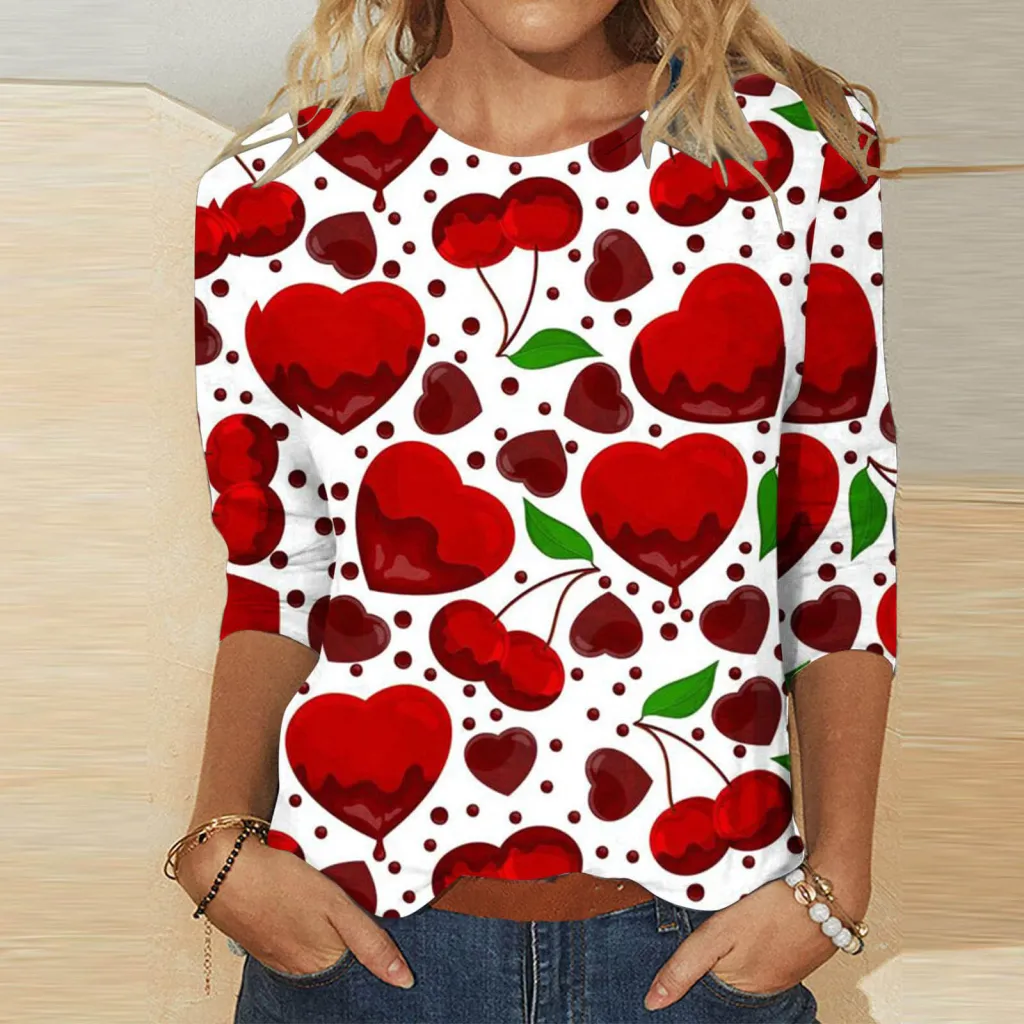 Valentine's Day Female With Hearts Printing Crew Neck T-shirt Top - Rq4127505-Xl