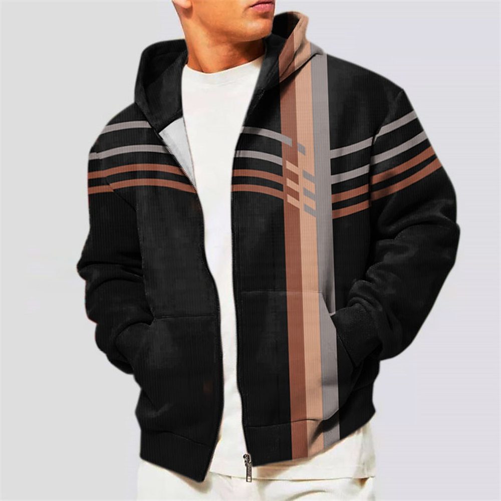 Men's Hoodie Jacket Coat Zipper Hooded Sweatshirt Sports Classic Casual Striped Pattern Printed Gradient Coat