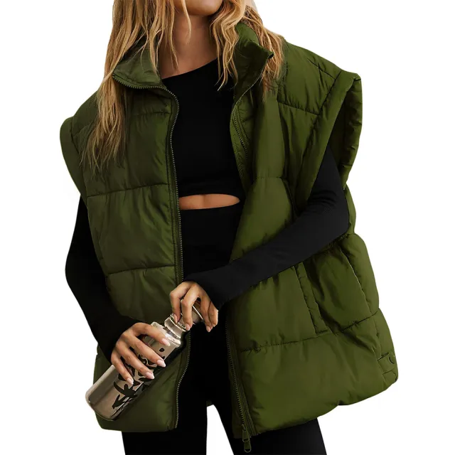 Flounced Sleeve Down Cotton Vest Vest Fashion Loose Sleeveless Pure Color Cotton Clothing Women Army Green - Shop at LoveMi