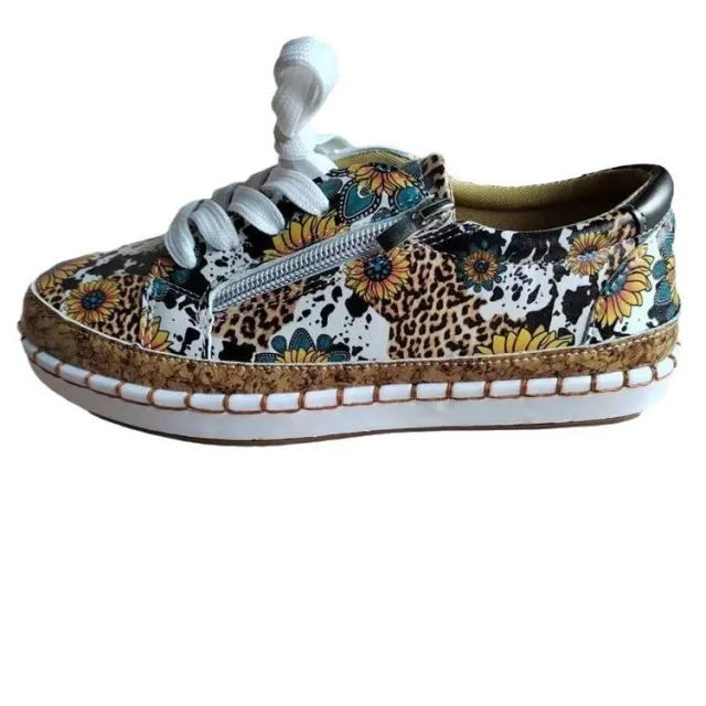 Color Matching Printing Lace up Flats Retro Fashion Sunflower 36 - Shop at LoveMi