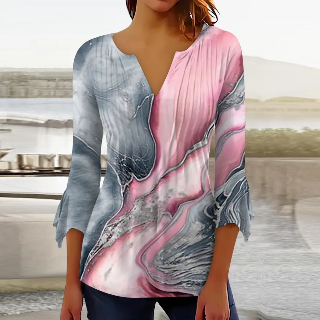 Floral Printed V-neck Flared Top - A59