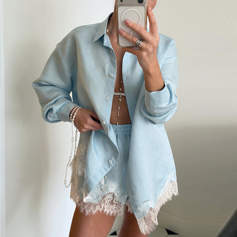Solid-color Lapel Long-sleeve Shirt And Lace-panelled Shorts Set