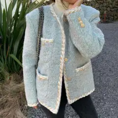 Women's Autumn Retro Crew Neck Single-breasted Loose Wool Short Coat - Green - View 1