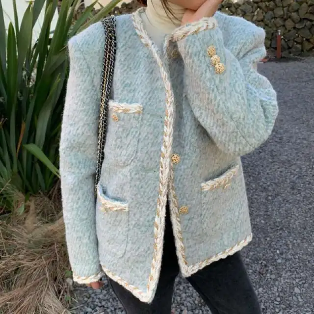 Women's Autumn Retro Crew Neck Single breasted Loose Wool Short Coat Green - Shop at LoveMi