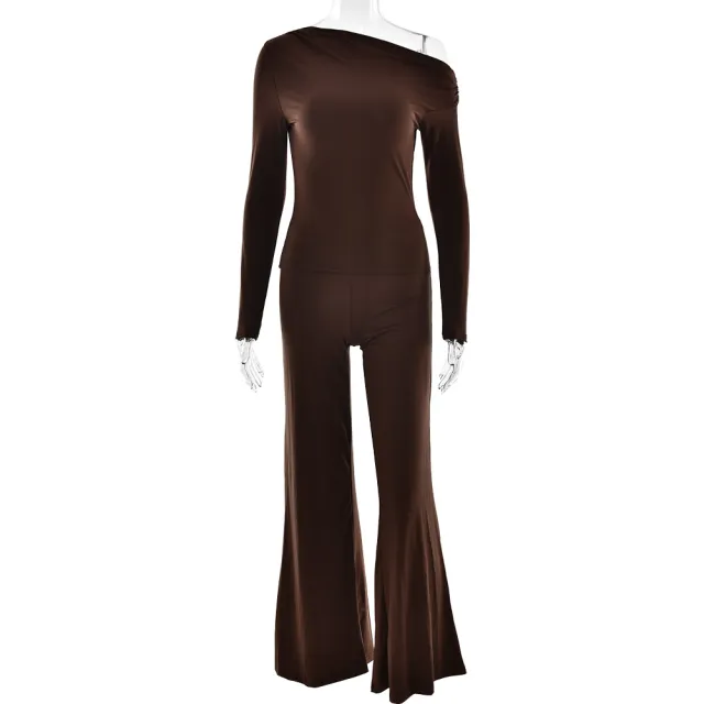 Suit New Sexy One shoulder Top Hip Bag Bell bottom Pants Brown - Shop at LoveMi