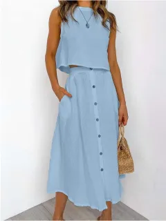Women's Fashionable Simple Round Neck Vest Shirt Mid-length Dress Two-piece Suit - Blue - View 1