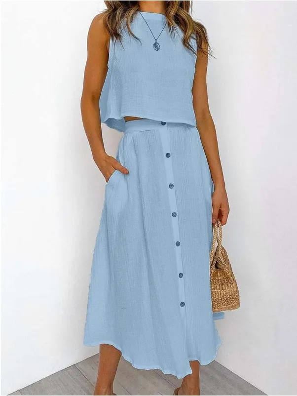 Women's Fashionable Simple Round Neck Vest Shirt Mid-length Dress Two-piece Suit - Blue