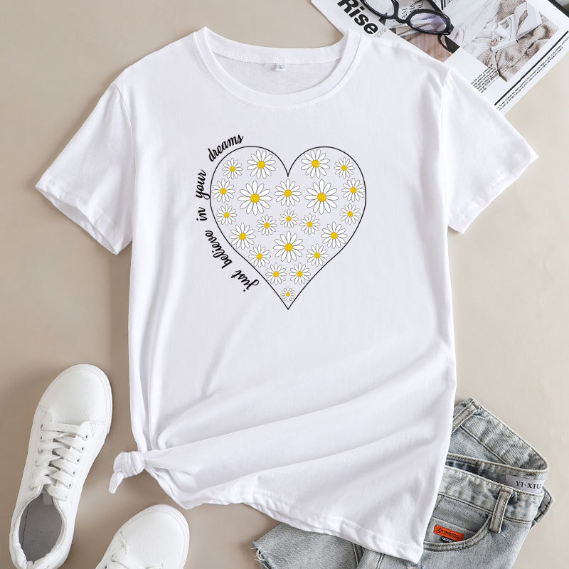 Women's Daisy Printed Cotton Round Neck Short Sleeve T shirt White - Shop at LoveMi