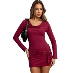Sophisticated Mature-chic Design Wine-red Turtleneck Long-sleeve Figure-hugging Sheath Dress For Fall And Winter - Wine Red - View 1