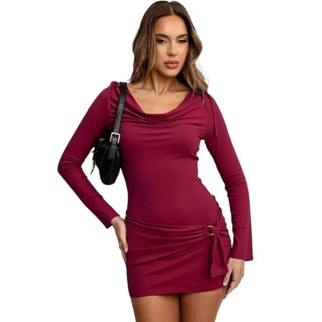 Sophisticated Mature chic Design Wine red Turtleneck Long sleeve Figure hugging Sheath Dress For Fall And Winter Wine Red - Shop at LoveMi