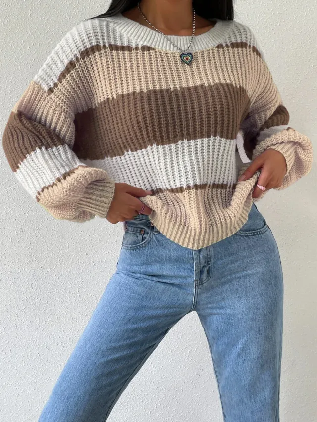 Autumn And Winter Long Sleeve Pullover Contrast Color Casual Brown - Shop at LoveMi