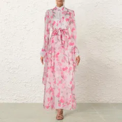 Autumn And Winter Lace Stitching Sweet Printed Ruffled Irregular Dress Women - Pink Floral - View 1