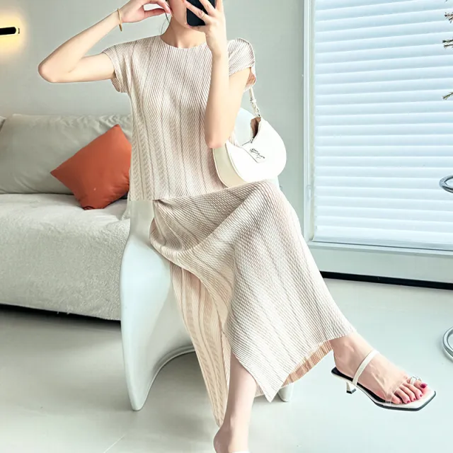 Pullover Round Neck Short Sleeve Scale Peplum Top Versatile Split Long Dress Skirt Suit Beige Coat - Shop at LoveMi