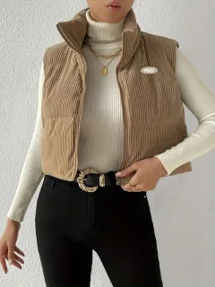 Women's Corduroy Short Outer Wear Autumn And Winter New Thickened Cotton Padded Coat Vest - Khaki - View 1