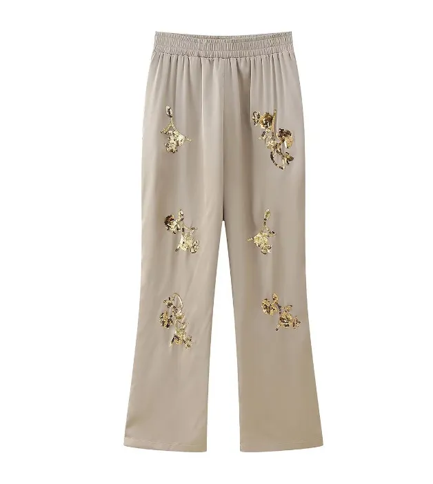 Women's Embroidered Beads Long Sleeve Trousers Suit Apricot Pants - Shop at LoveMi
