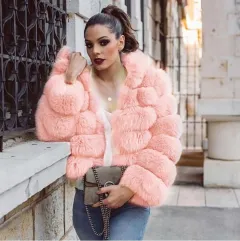 Fox Fur Slimming Stand Collar Splicing Coat - Pink - View 1