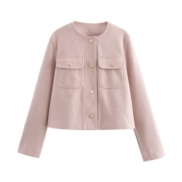 Temperament Crew Neck Long Sleeve Pocket Decorative Jacket Coat Lotus Root Color L - Shop at LoveMi