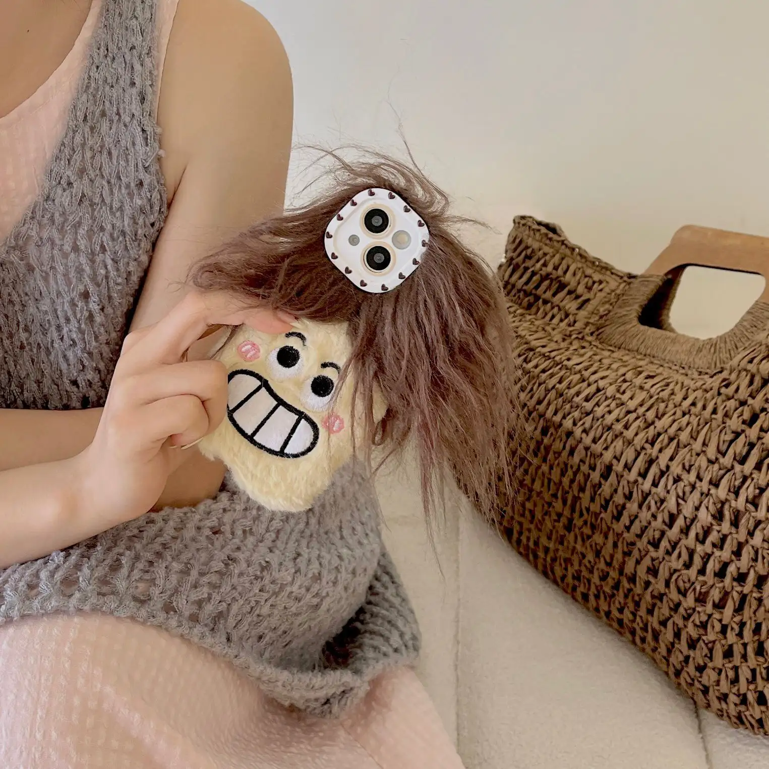 Plush Long Hair Smirk Boy Phone Case
