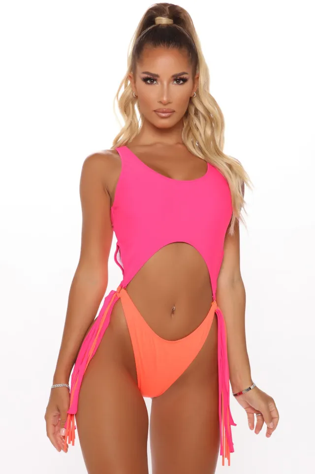 Gathered Waist Polyester Tassel Bikini Rose Pink Plus Orange - Shop at LoveMi