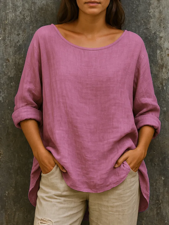 Casual Loose fit Fashionable Cotton linen Retro Crew neck Plus size T shirt Rose - Shop at LoveMi