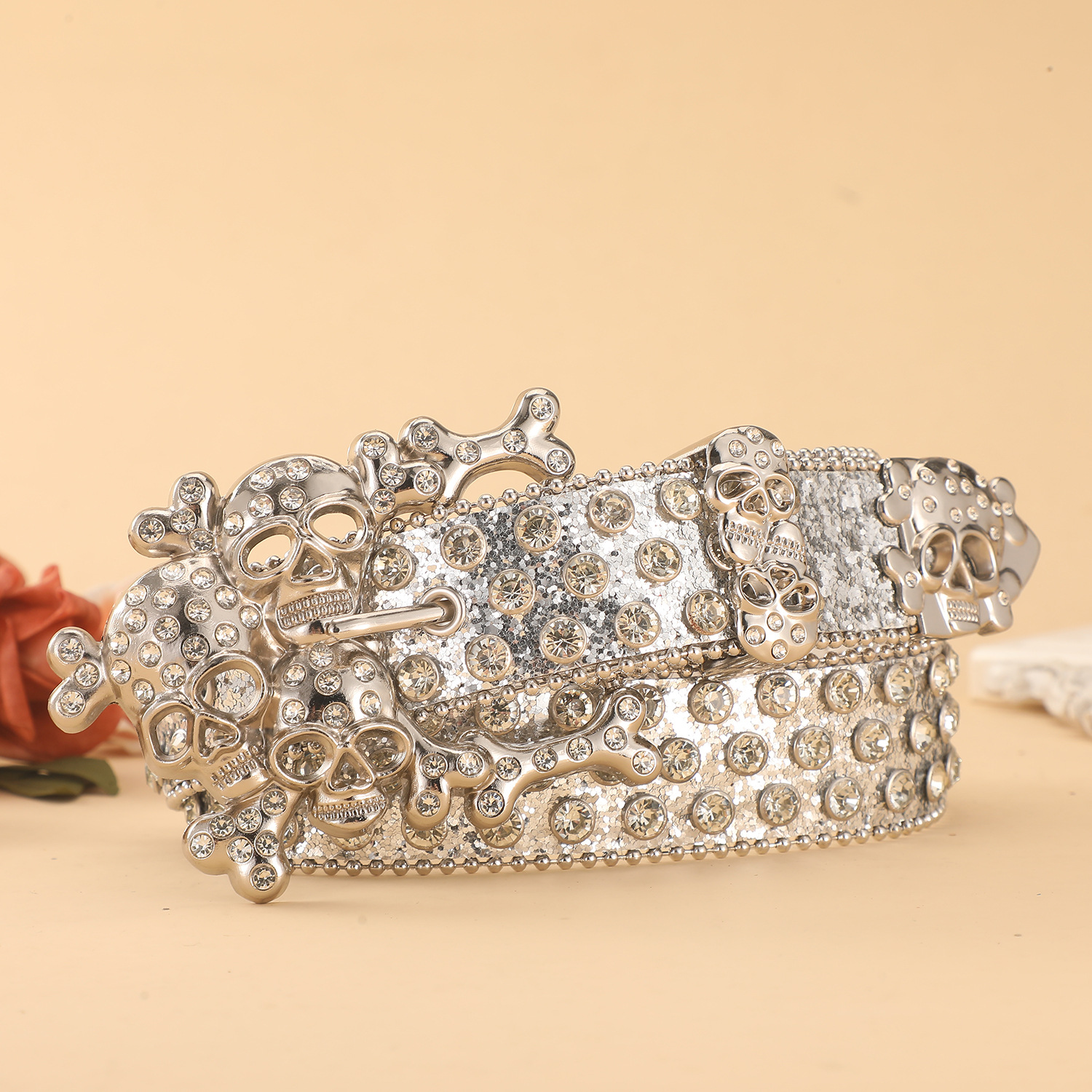 Title 7, Skull Rhinestone Belt Inlaid with Diamonds, a s...