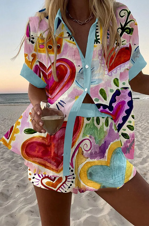 Women's Fashion Printed Casual Vacation Style Cardigan Shorts Suit Color03 Xl - Shop at LoveMi