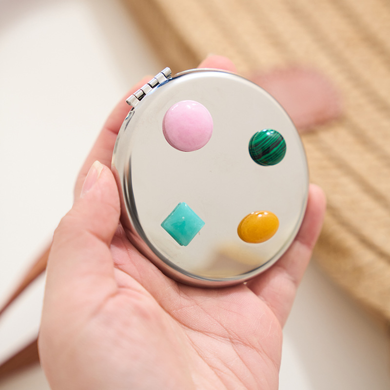 Natural Stone Pocket Mirror Premium Stainless Steel Mini Makeup Portable Vintage Compact Mirror