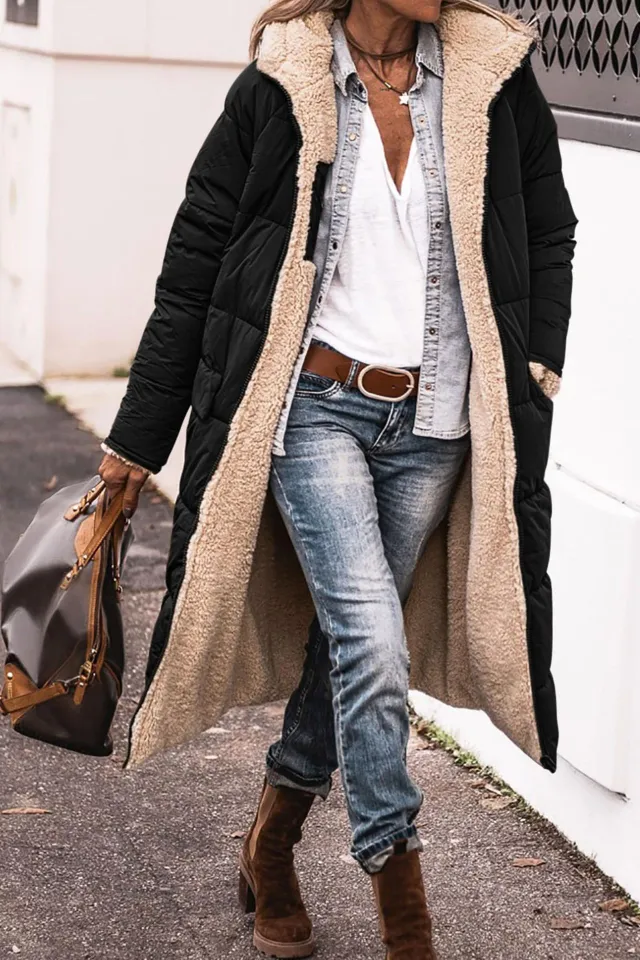 Women's Solid Color Hooded Cotton Jacket Long sleeved Coat Black - Shop at LoveMi