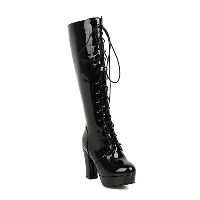 Platform Chunky heeled Over the knee Boots With Crisscross Straps Black - Shop at LoveMi