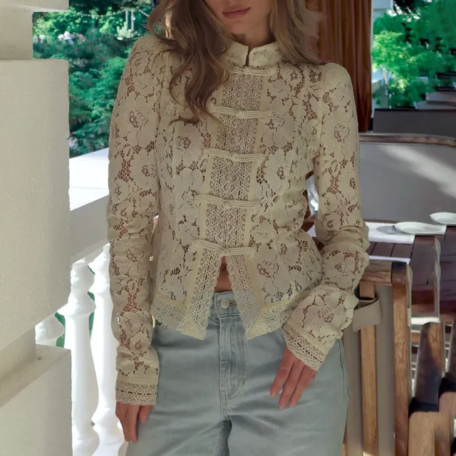 Womens Lace Crochet Stand Up Collar Slim Fit Shirt Apricot - Shop at LoveMi