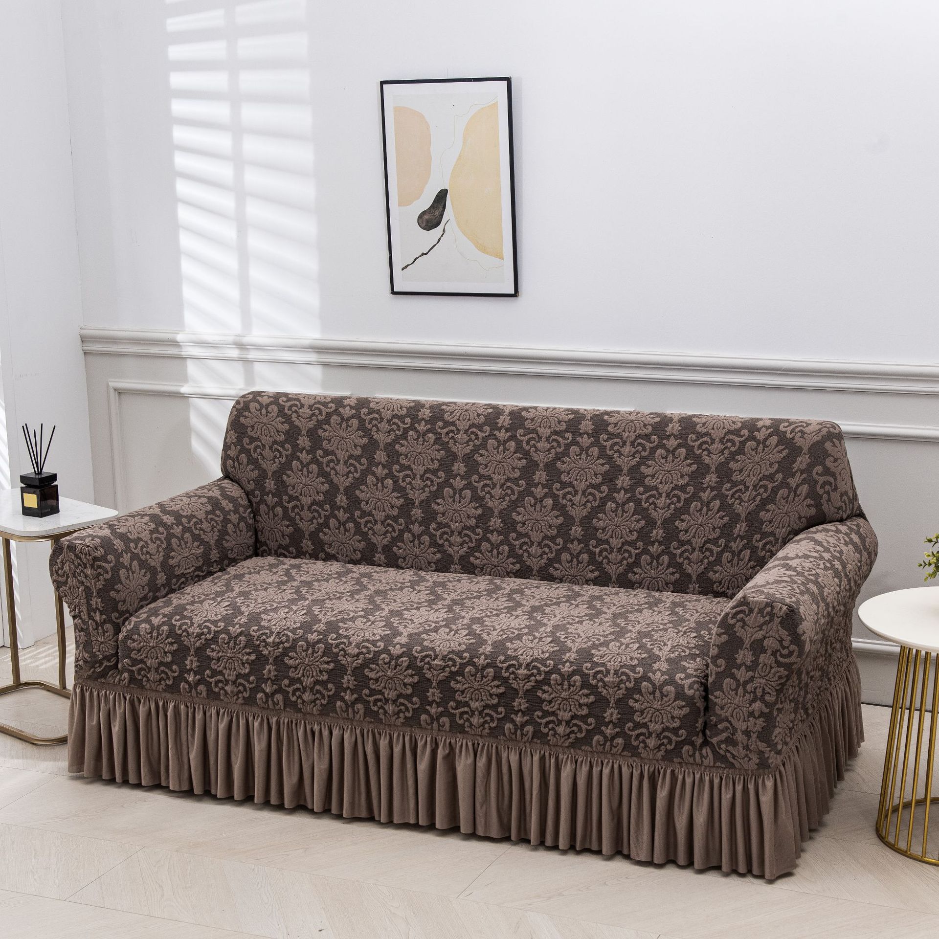 Black Silk Embossed Jacquard Skirt-style Stretch Living Room Sofa Cover