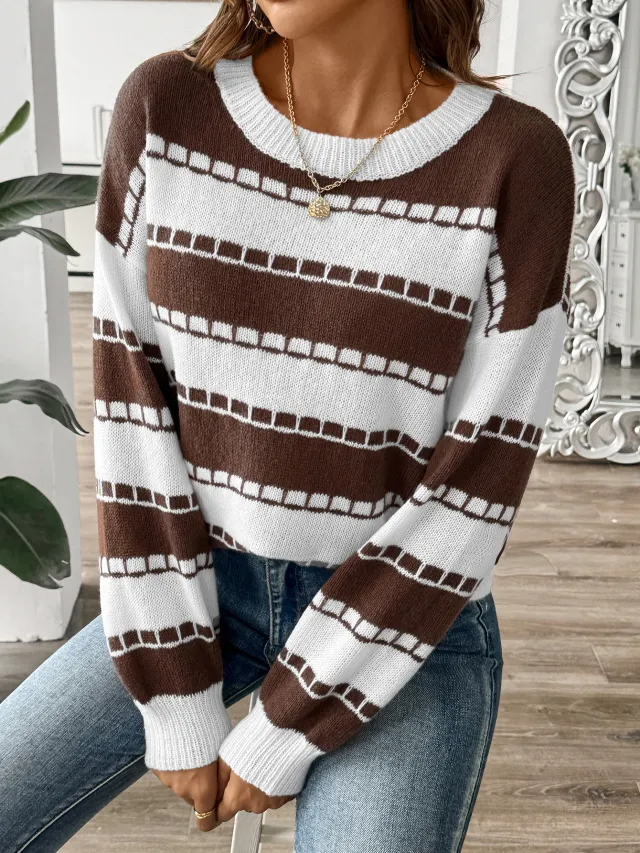 Women's Base Shirt Striped Colored Pullover Casual Sweater Coffee - Shop at LoveMi