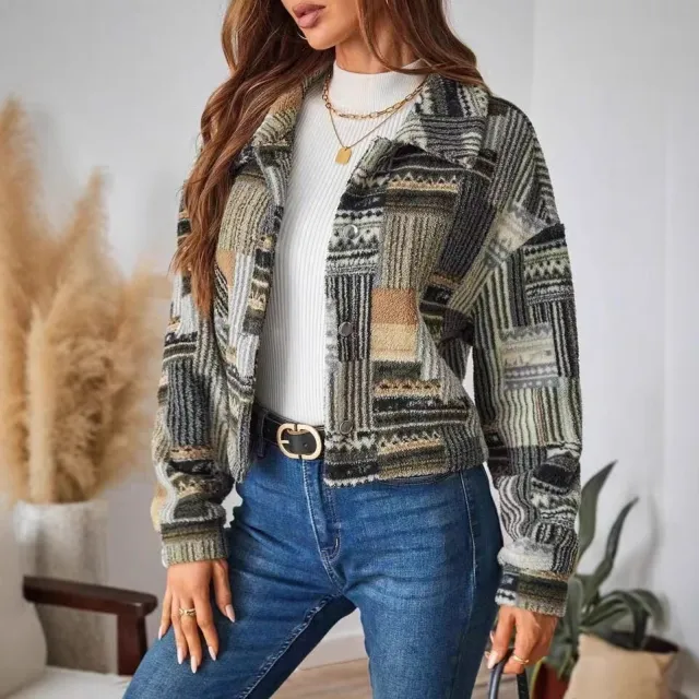 Printed Double sided Plush Button Cardigan Casual Women's Plush Coat Army Green - Shop at LoveMi