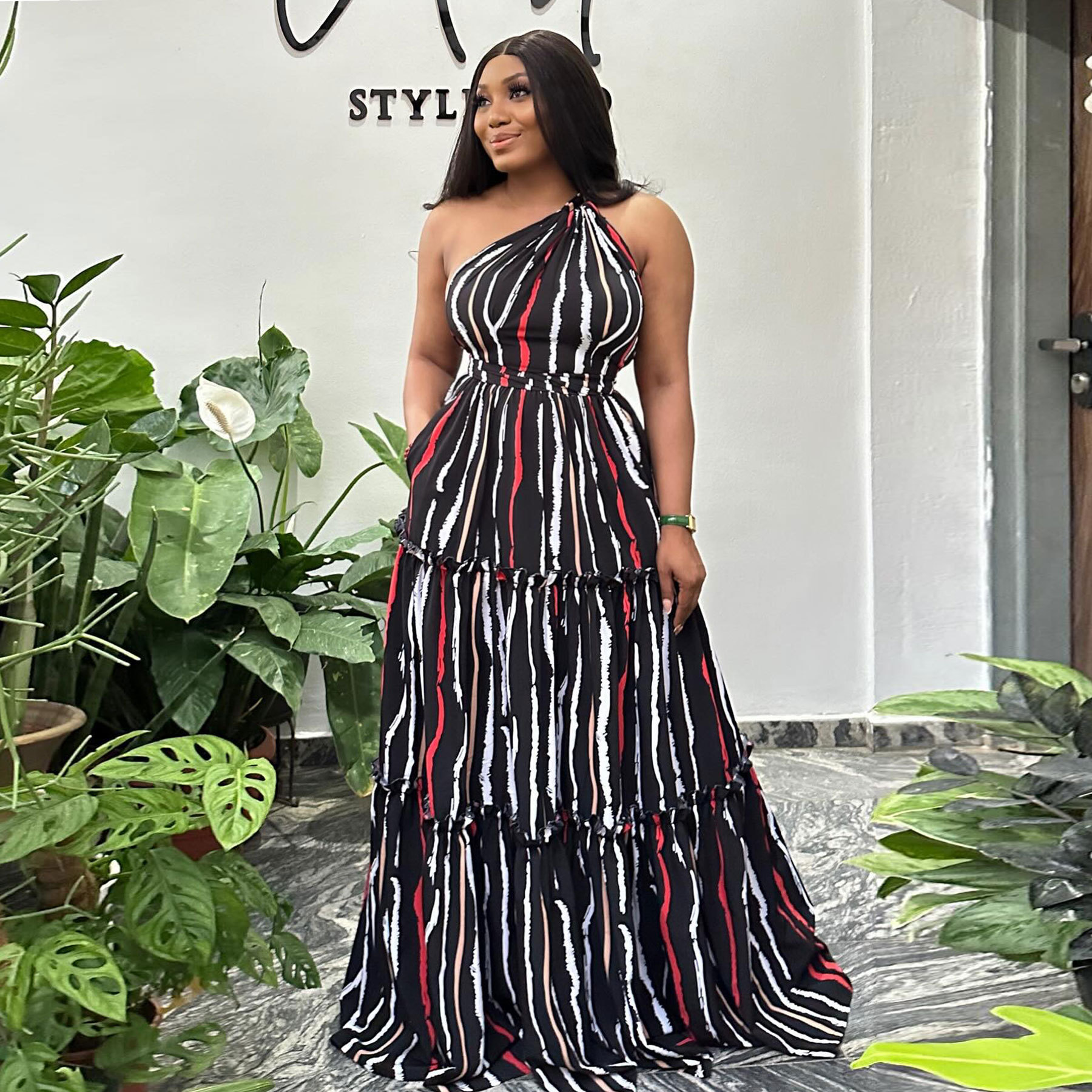 Printed Stitching Strap Hem Sloping Shoulder Backless Dress