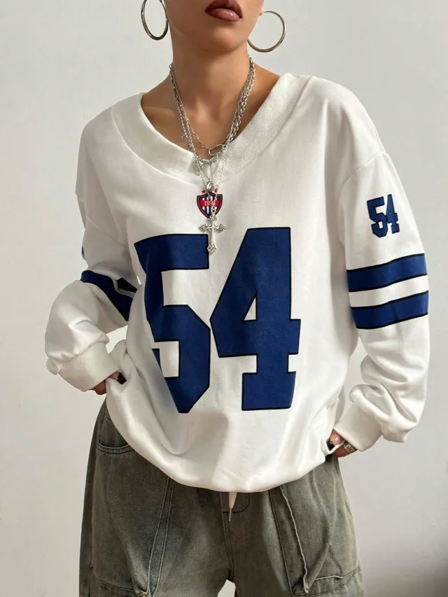V neck Letter Print Loose Leisure All matching Sweatshirt White And Blue - Shop at LoveMi