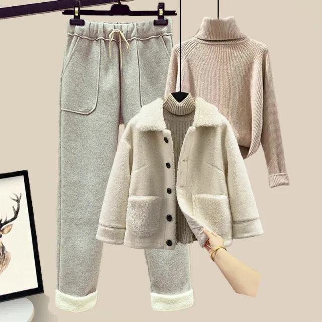 Lamb Wool Fur Sweater Casual Pants Three Piece Set Fashion Suit Women White Apricot Gray - Shop at LoveMi
