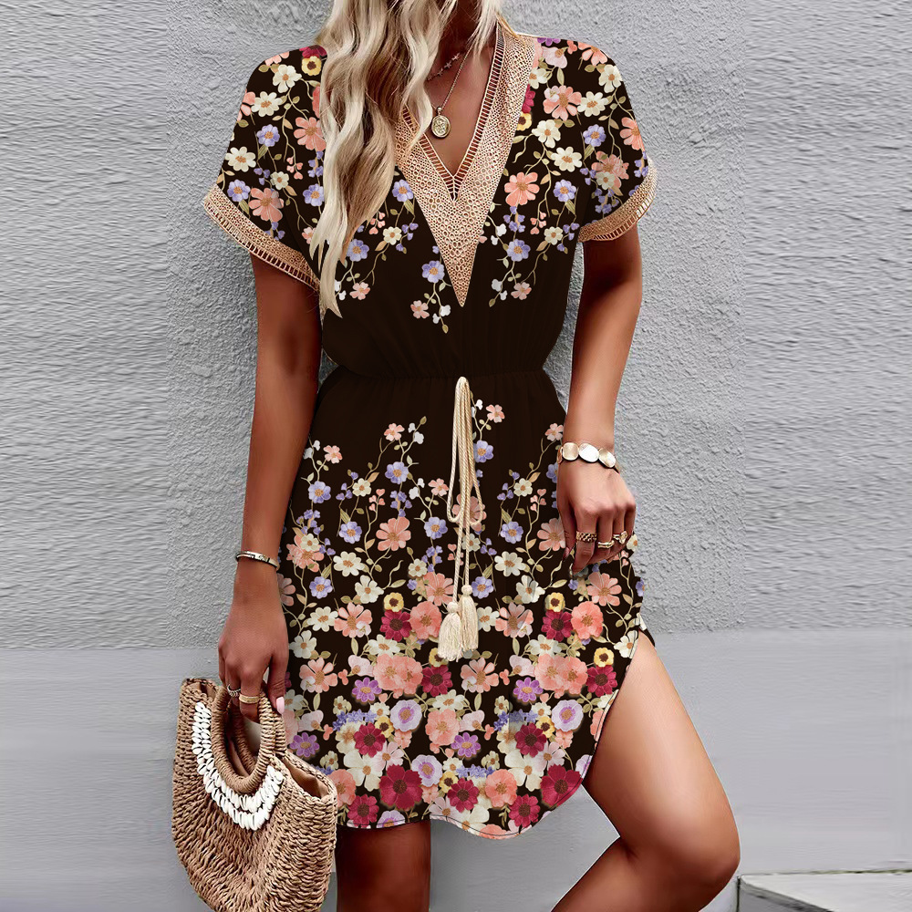 Print Short Sleeve Lace V-neck Waist-controlled Large Hem Dress