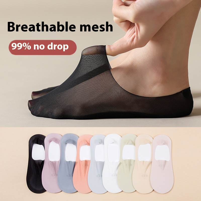 Breathable Women's Invisible Summer Socks. Product information: Pattern: solid color. Color: black, white, pink, light skin, blue, orange, light gray, light green, purple. Specifications: Bare socks, white paper card packaging. Main fabric composition: Co