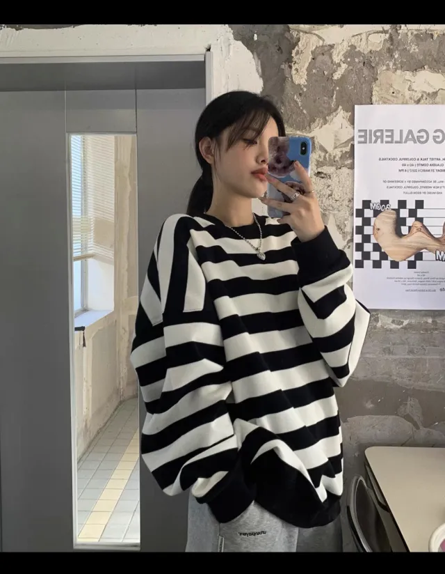 Fashion Striped Pullover Sweatshirt Women Black - Shop at LoveMi