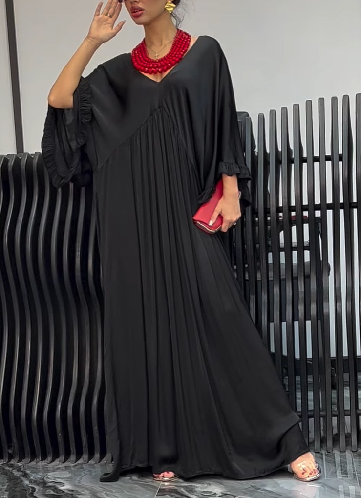 Fashion Casual Satin Ruffle Sleeve Pleated Dress Long Dress